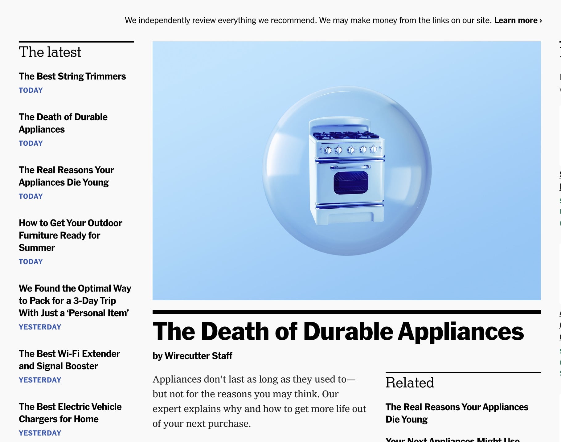 New York Times Wirecutter homepage showing use of Franklin Gotchic as a typeface
